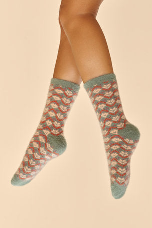 Fluffy Fair Isle Slipper Socks - Teal