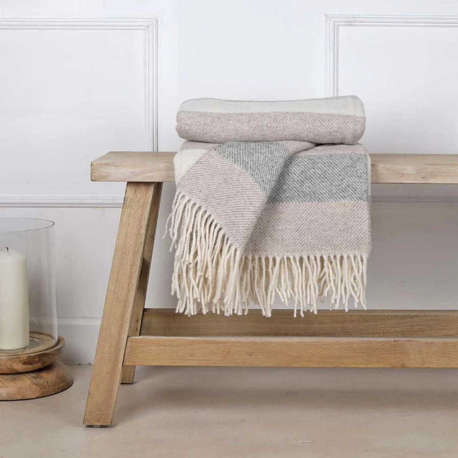 Pure New Wool Throw - Camel/Grey stripe