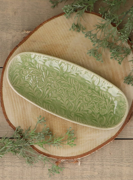 Country Flowers Green Stoneware Oval Plate