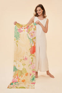 Tropical Flora & Fauna Linen Scarf - Coconut