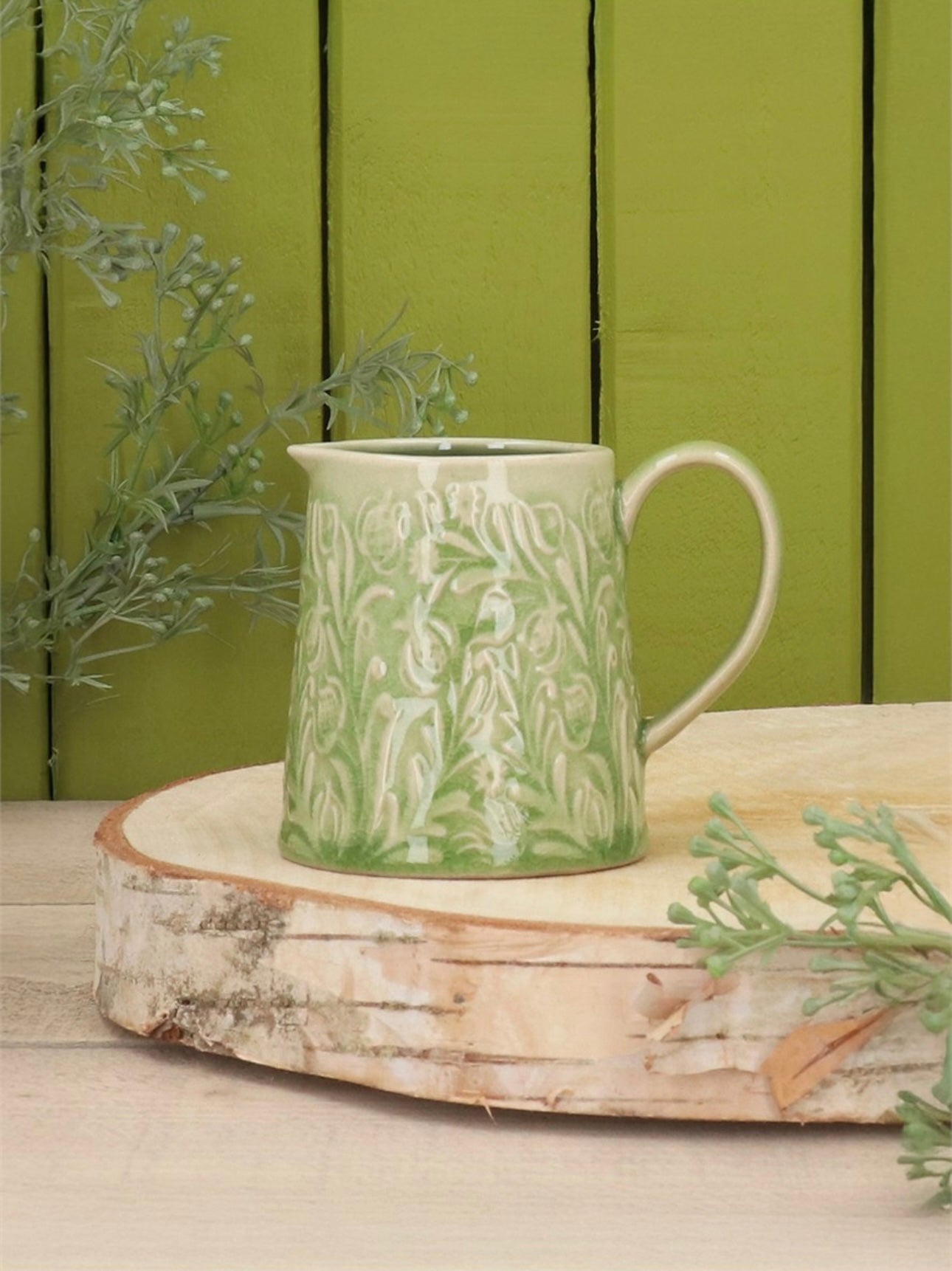 Country Flowers Green Stoneware Mini Jug