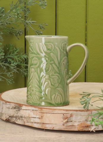 Country Flowers Green Stoneware Jug