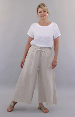 Linen Flared Trousers with Tie Belt - Sand