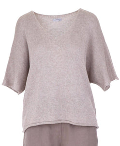 Cotton Blend V Neck Tunic Top - Taupe