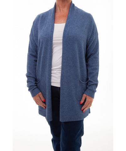 Soft Collar Long Cardigan With Pockets - Denim