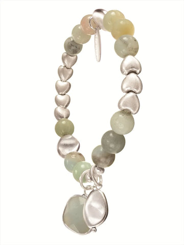 Heart to Heart Bracelet With Stone Charm - Worn Silver/Jade