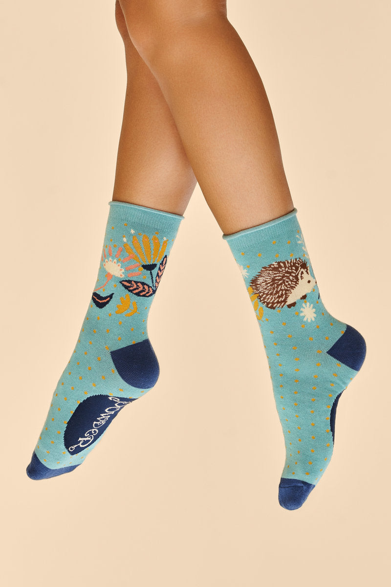 Bamboo Mix Ladies Ankle Socks - Hedgehog Hunting Ice