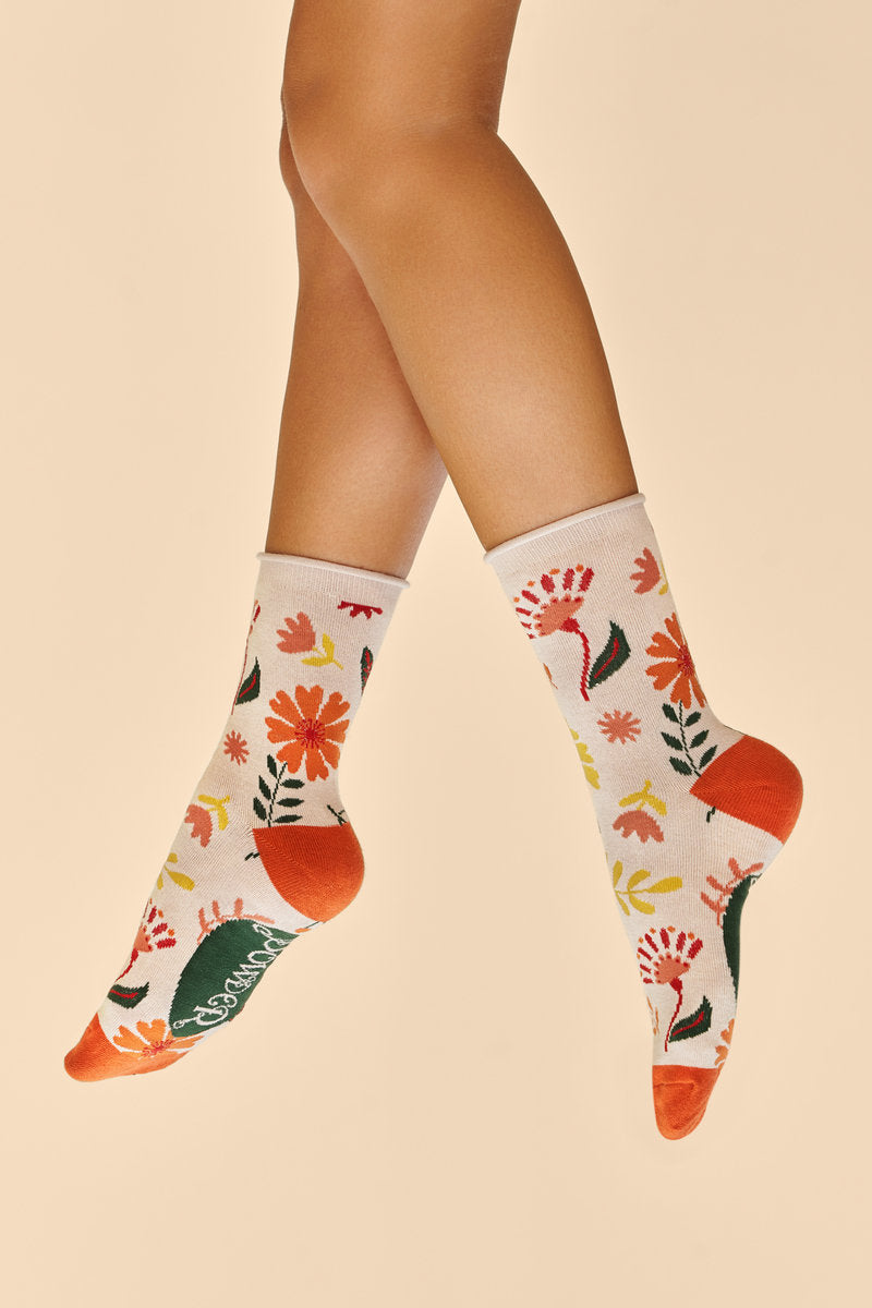 Bamboo Mix Ladies Ankle Socks - Watercolour Flowers Cream