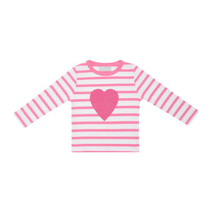 Hot Pink & White Breton Striped Love Heart T-Shirt