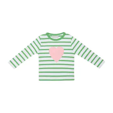 Grass Green & White Breton Striped Love Heart T-Shirt