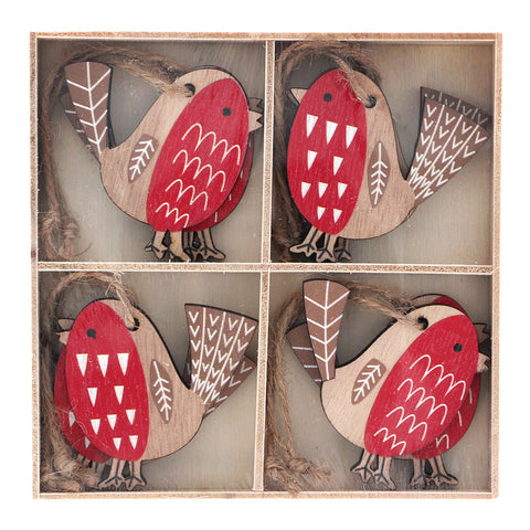 Box of 8 Painted Wood Robin Decorations