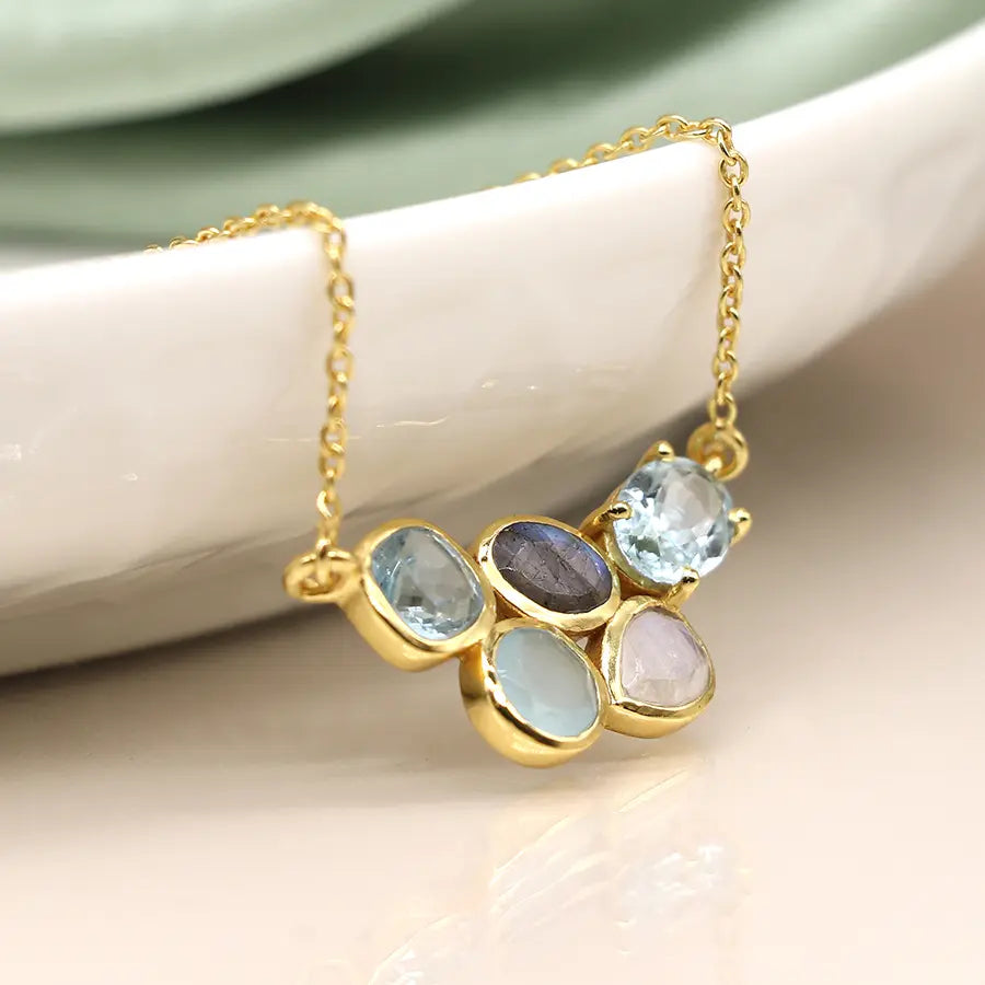 14k Gold Plated Multi Gemstone Cluster Necklace