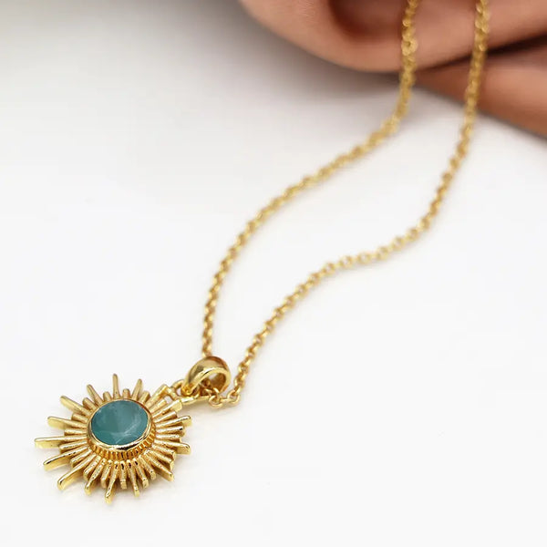 14k Gold Plated Sunburst Necklace with Amazonite