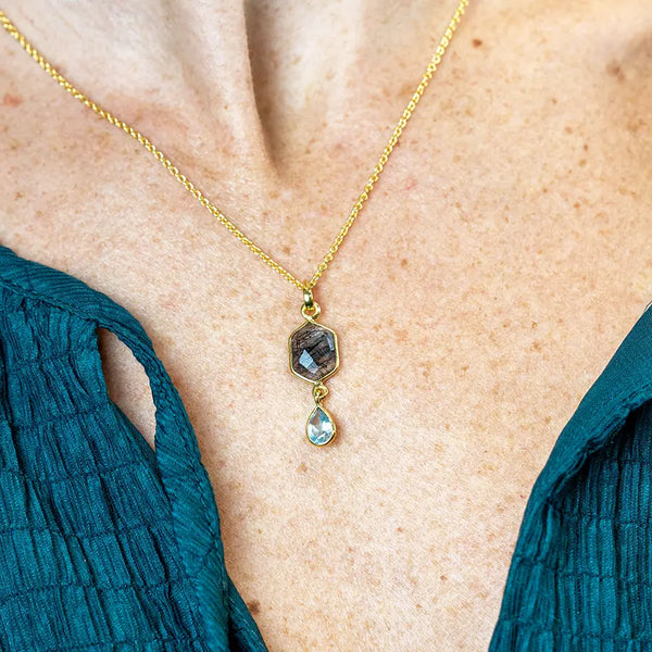 14k Gold Plated Rutile & Blue Topaz Necklace