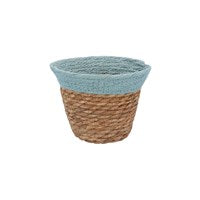 Blue Trim Natural Woven Plant Pot Cover - Small