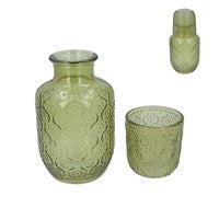 Olive Green Glass Daisy Water Carafe Set