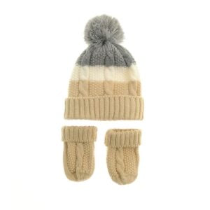 Bobble Hat and Mittens - Beige, Cream, Grey Cable Knit