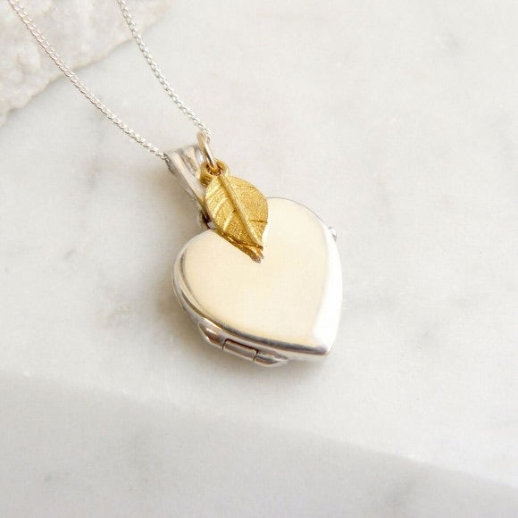 Sterling Silver Small Heart Locket with Gold Vermeil Leaf