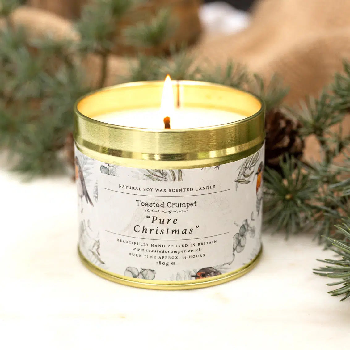 Pure Christmas (Robin & Eucalyptus Pure) Candle in Matt Gold Tin