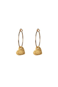 Gold Brushed Heart Charm Hoop Earrings