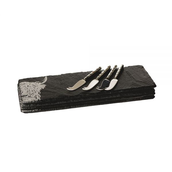 Etched Mini Slate Cheese Boards & Knives - Highland Cow